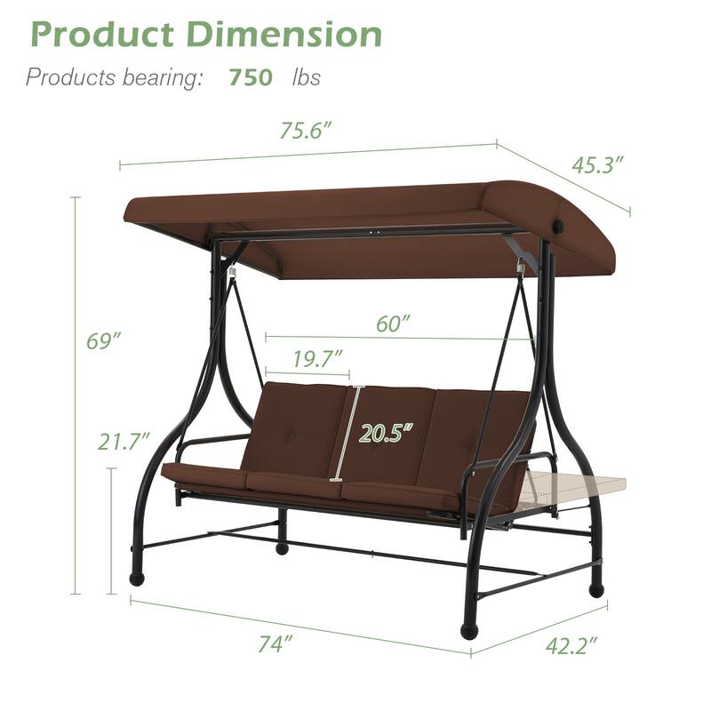 AECOJOY 3-Seat Outdoor Porch Swing w/ Canopy Outdoor Swing Bed