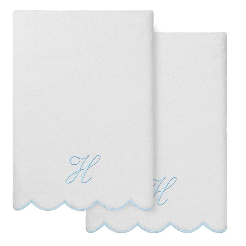 Authentic Hotel and Spa 100% Turkish Cotton Blue ADORNIA Scallop Personalized 2 Piece Bath Towel Set - 2 Bath Towels - H