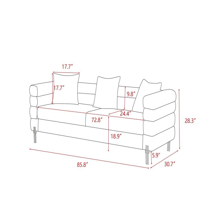 Velvet Upholstered Sofa,Gold Metal Legs,Pillows Included,Living Room