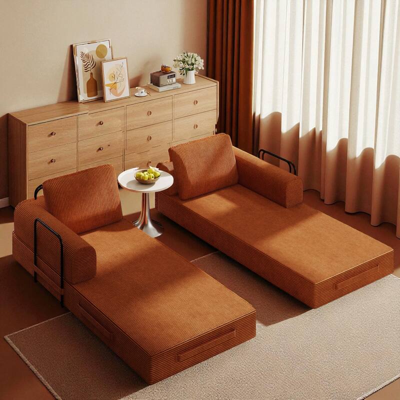 Convertible Corduroy Sleeper Sofa Bed, 3-Seat Folding Floor Couch with Cylindrical Pillow & Fixed-Shape Frame