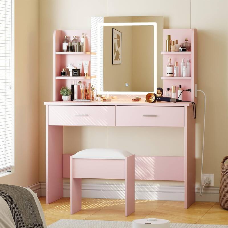 Vanity Desk with Lighted Mirror, Makeup Vanity Set with Power Outlet - Pink