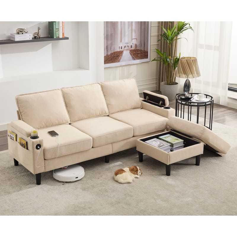 Upholstered Sectional Sofa with Storage Ottoman, USB Port, and Cup Holders - Beige - Reversible