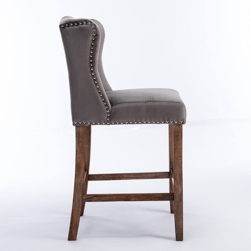 Set of 2 Upholstered Wing Back Bar Stools with Nailhead Trim and Tufted