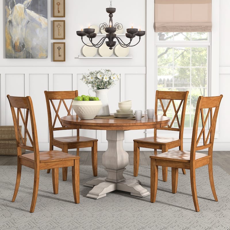 Eleanor Antique White Round Solid Wood Top 5-Piece Dining Set - X Back by iNSPIRE Q Classic - Antique White Table - Oak Chairs