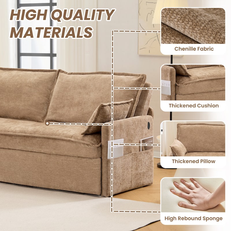 59.5" Upholstered Sofa Bed, Convertible Sleeper Sofa, Pull out Couch with Charging Station & Side Pockets, Loveseat Chair