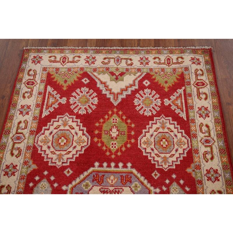 Geometric Red Kazak Accent Rug Hand-Knotted Oriental Wool Carpet - 2'7" x 4'1"