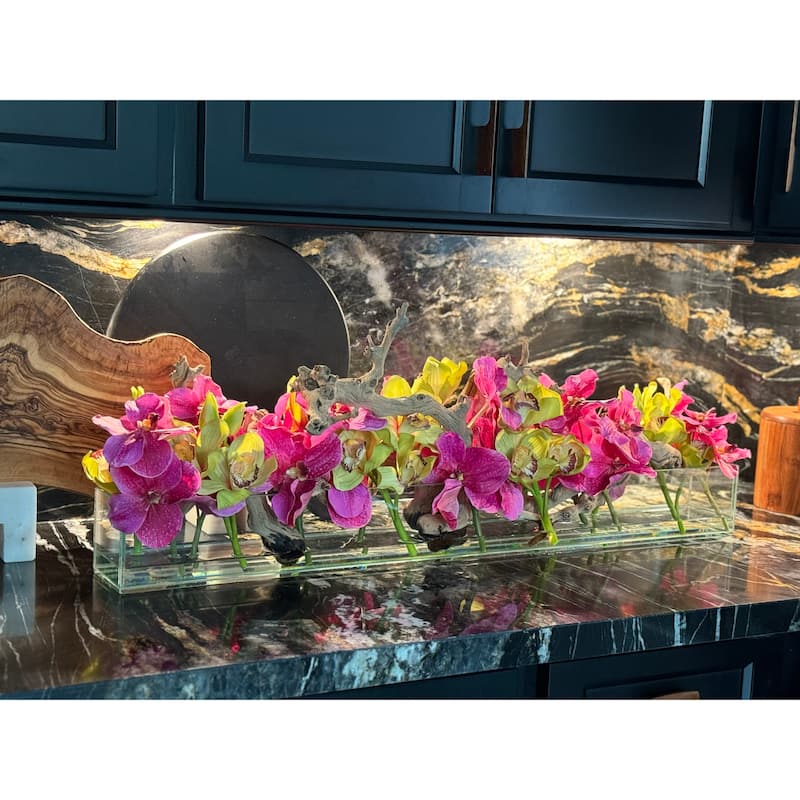 Casa Moderna Glass Planter With Pink Vandas And Green Cymbidiums