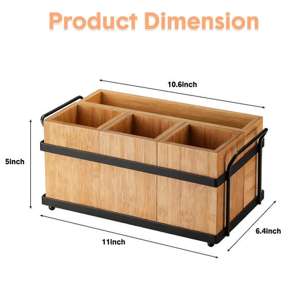 Bamboo Utensil Holder with 4 Compartments & Metal Tray, Wooden Silverware Caddy for Party Picnic Camping. - Beige