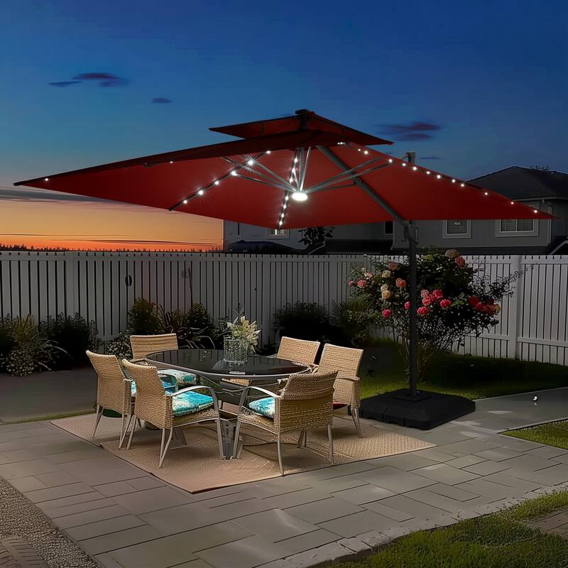 11FT Patio Cantilever Umbrella LED Lights Double Top Umbrella with 4-Piece Fillable Weighted Base