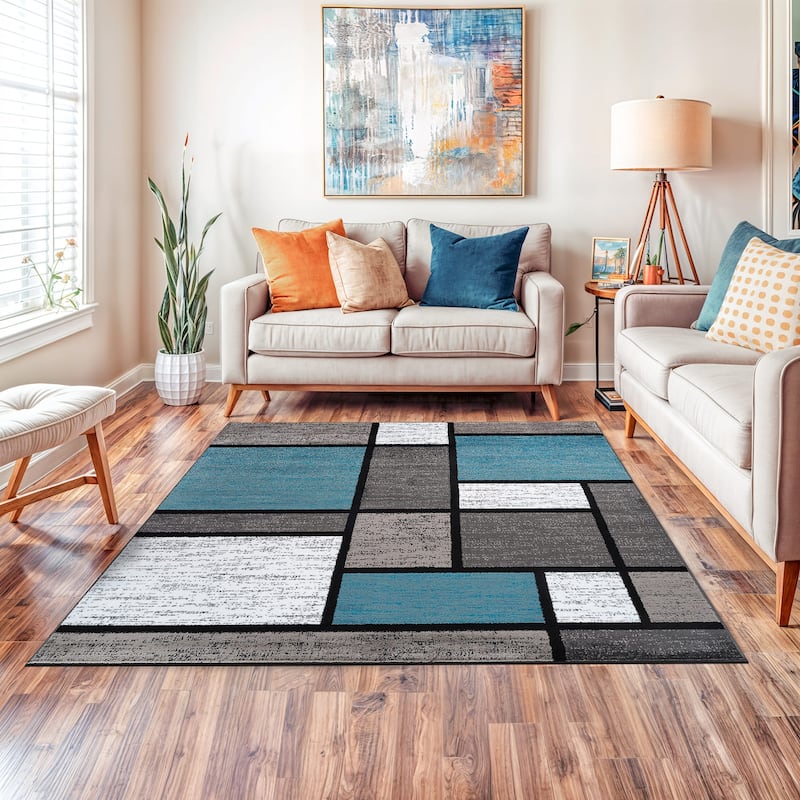World Rug Gallery Contemporary Modern Boxed Color Block Area Rug - 6'6x"6'6" Sq - Light Blue