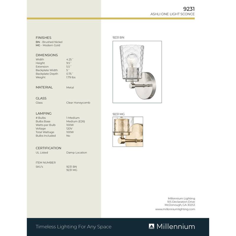Millennium Lighting Ashli 1 Light Sconce with Clear Honeycomb Glass Shades