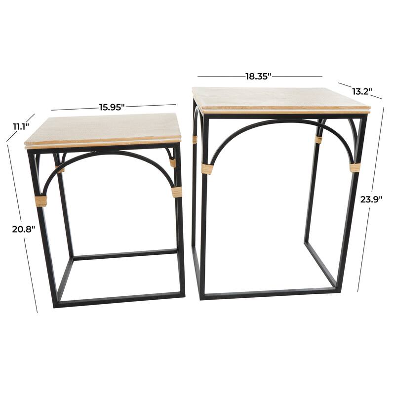 Black Metal Arched Accent Table with Wood Zig Zag Patterned Top and Rattan Accents (Set of 2)