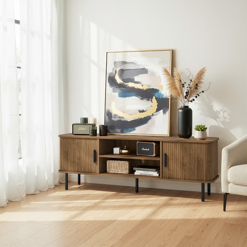 Mid-Century Modern Media Console, Tambour TV Stand with Storage Cabinet and Shelf