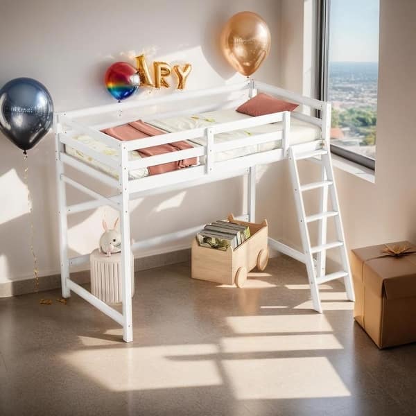 slide 2 of 24, Comprehensive Design Twin Size High Loft Bed with inclined Ladder and Guardrails, Under Bed Capacious Space, Space-saving, White White