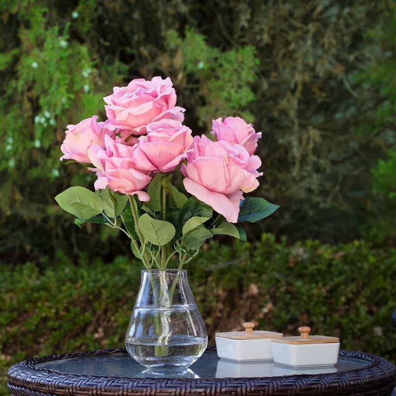 Enova Home 7 Head Artificial Silk Rose Flowers in Clear Glass Vase with Faux Water for Home Office Decoration - N/A - Fushia