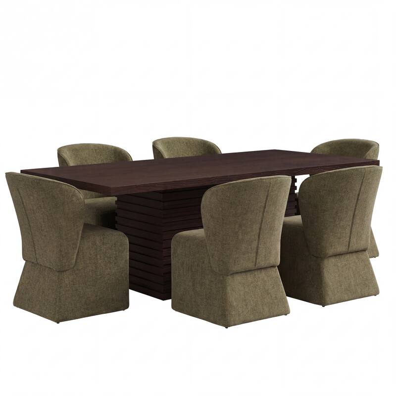 Christopher Knight Home - Eddie 7-Piece Upholstered Dining Set with 84" Rectangular Pillar Base Dining Table