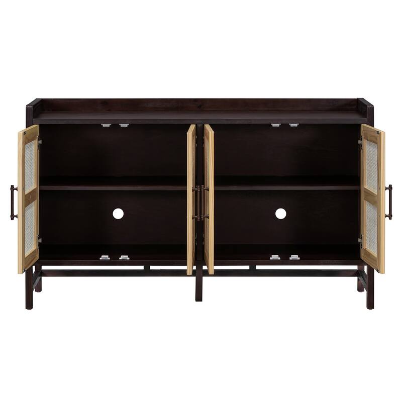 4 Doors Rattan Accent Storage Cabinet Buffet Cabinet, Solid Pine Legs