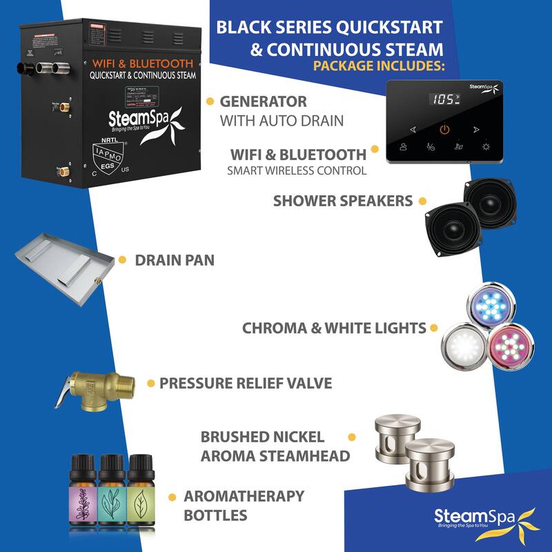Black Series Steam Bath Generator with Fully Wireless Remote, BLUETOOTH, WIFI, and Auto Drain - 12 KW