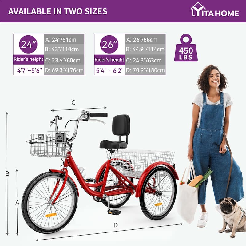 24"/26"Matte Red Adult Tricycle 3 Wheel Bikes 1 Speed Trike Bike