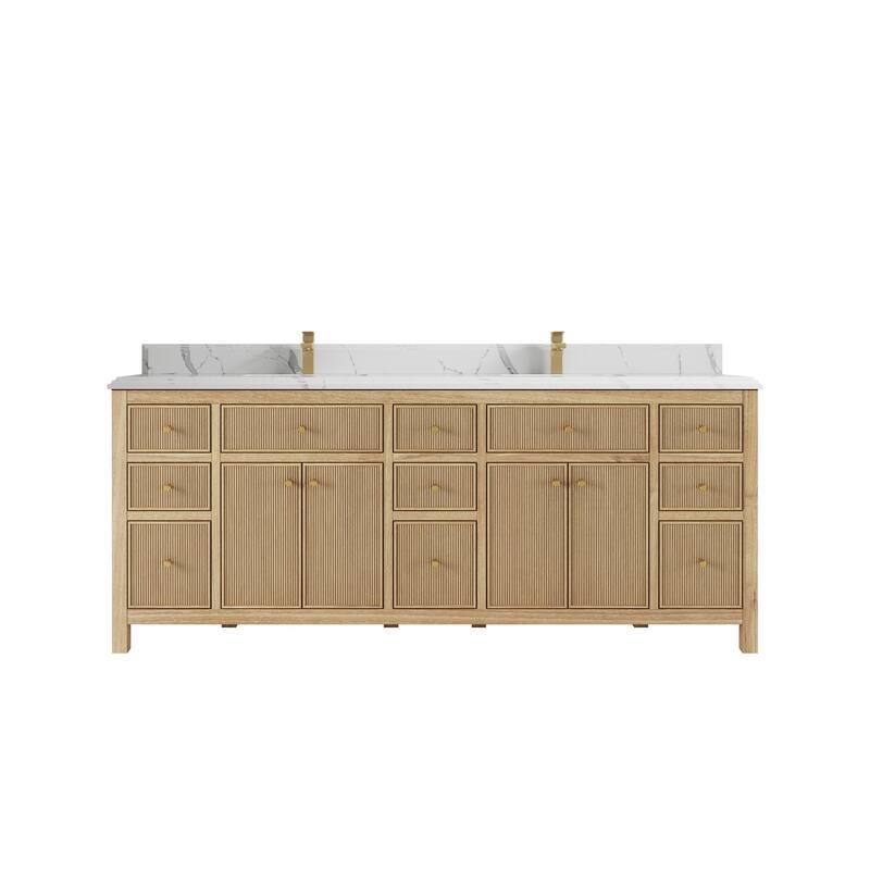 Willow Collections 84 in. W x 22 in. D Sonoma Teak Double Sink Bathroom Vanity with Countertop - 1.5" Calacatta Laza - Light Natural
