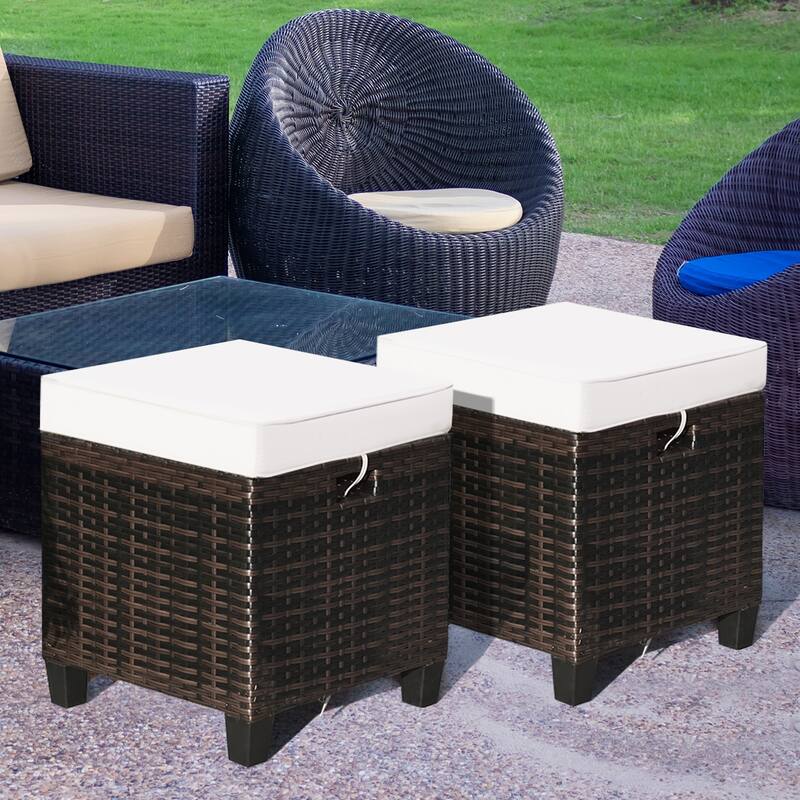Outdoor Cushioned Rattan Wicker Ottomans (Set of 2)