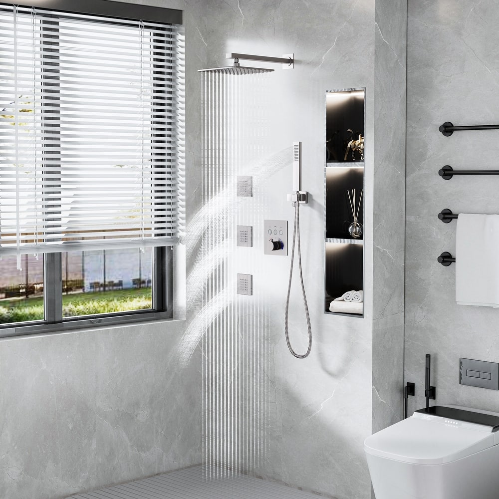 Modland Square Thermostatic Shower System - 3 Jets, WRAS Valve, Wall mounted, Matte Black/Gold/Nickel