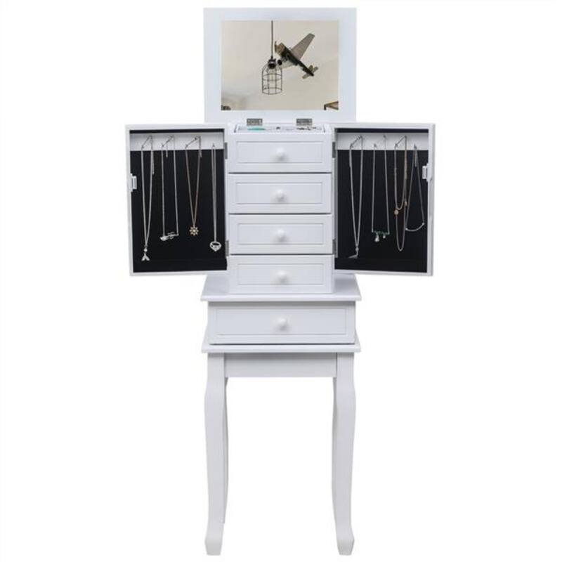 Standing Jewelry Armoire with Mirror, 5 Drawers & 14 Necklace Hooks, Jewelry Cabinet Chest with Removable Ring Storage Slot and
