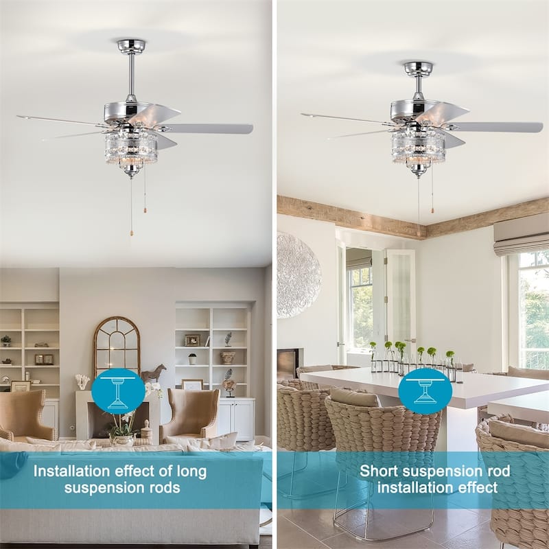 52" Crystal Ceiling Fan with 5 Reversible Blades for Indoor