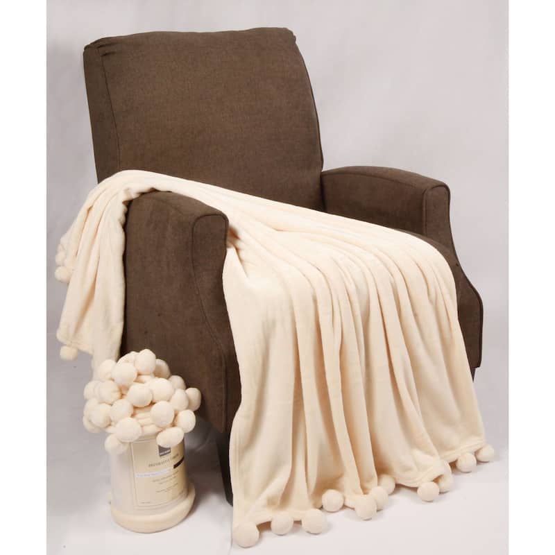 Pompom Flannel Fleece Throw