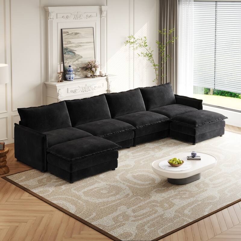4-Seater Couch with 2 Ottomans, Corduroy Upholstered Cloud Sectional Deep Seat Sleeper Sofa U-Shaped Modular Couch