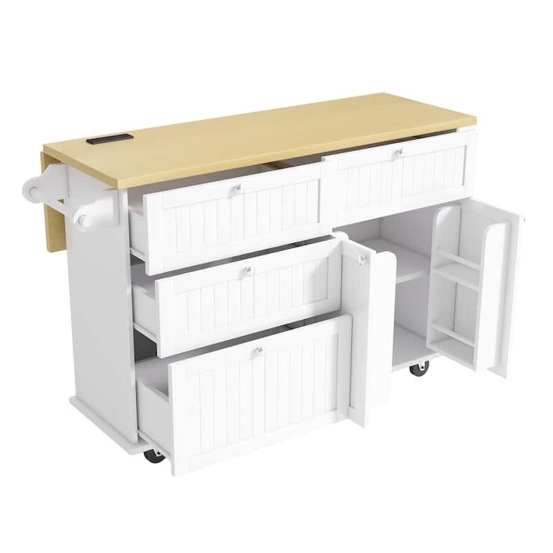 Farmhouse Kitchen Island on Wheels with Drop Leaf, 2 Seating & Power Outlet