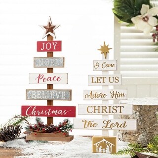 Glitzhome Christmas Tree Shaped Wooden Nativity Sign Table Decor for Holiday Party