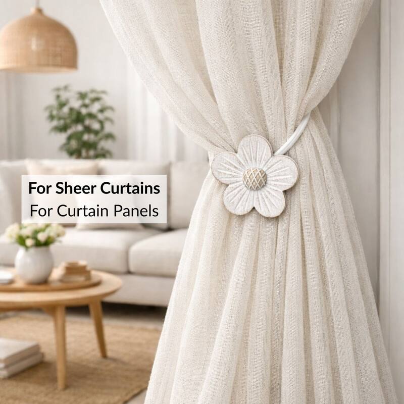 Resin Flower Curtain Tiebacks with Magnetic Closure 12 in White/Gold