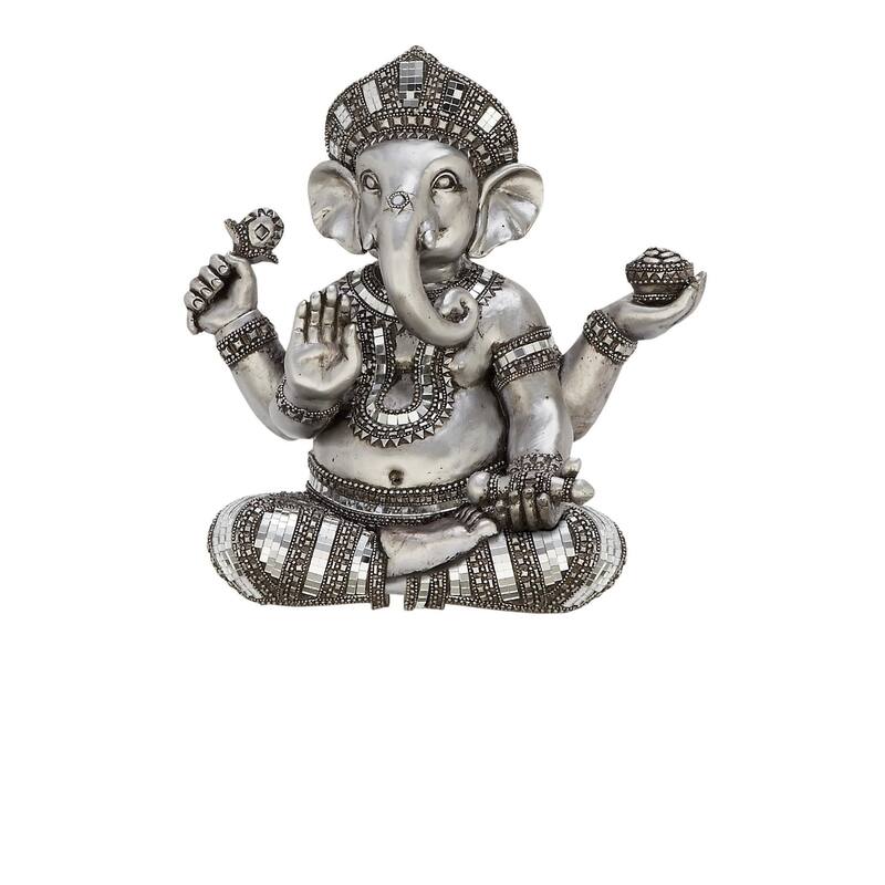 Polystone Ganesh Meditating Decorative Sculpture with Engraved Carvings and Relief Detailing - Silver - Roche River Decor - Silver