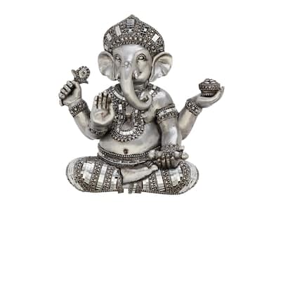 Polystone Ganesh Meditating Decorative Sculpture with Engraved Carvings and Relief Detailing - Silver - Roche River Decor