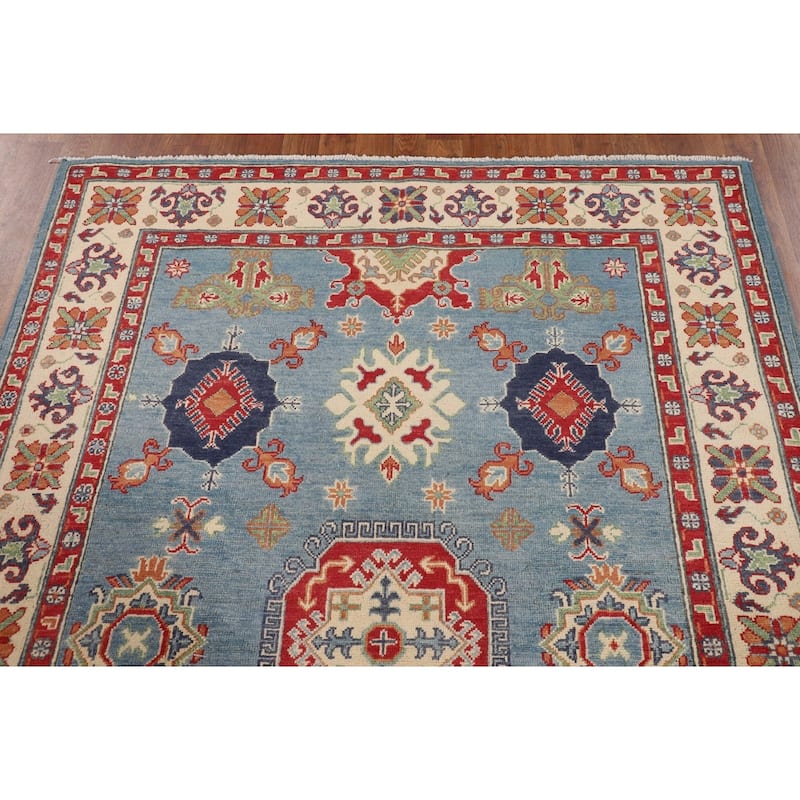 Traditional Kazak Oriental Area Rug Handmade Blue Wool Carpet - 4'11" x 6'9"