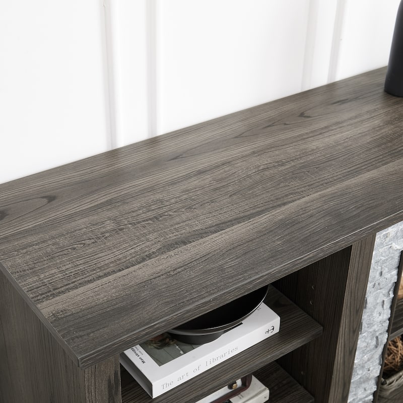 Large TV Stand Storage Rack with Faux Stacked Stone Surround,Media Console Table with Large Storage Cabinet