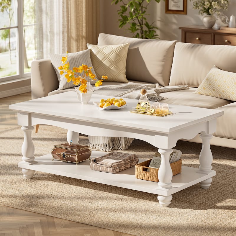 French Country Coffee Table with Storage Shlef, Farmhoues Retangular Living Room Table