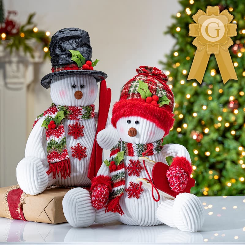 Set of 2 Holiday Red and Green Snowman Figurines - N/A