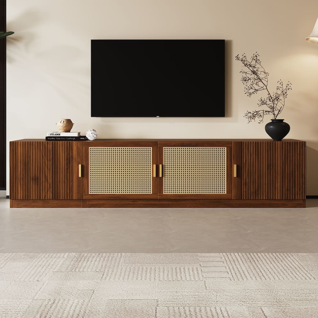 Roomfitters 78 Inch TV Stand for TVs up to 85 Inch, Walnut Media Console with Rattan Doors & Adjustable Shelf