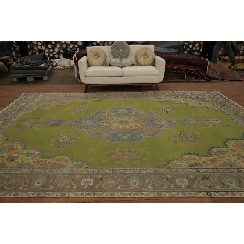 Hand Knotted Oriental 100% Wool Carpet Traditional Medallion Green Tabriz Area Rug - 12' 6'' X 9' 7''