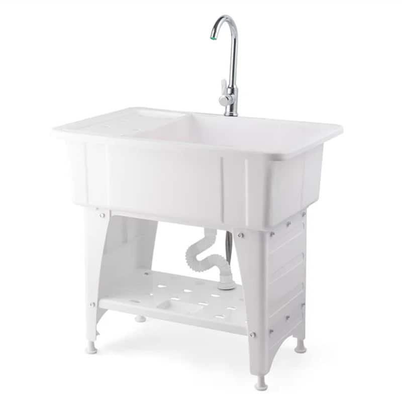 Utility Washing Room Sink Laundry Tub with Faucet & Shelf & Drainboard - White