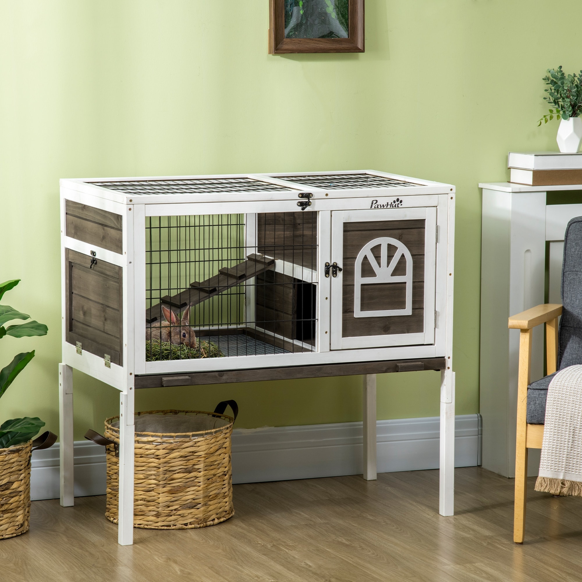 PawHut Coffee Indoor Elevated Wooden Rabbit Hutch Guinea Pig Cage Run