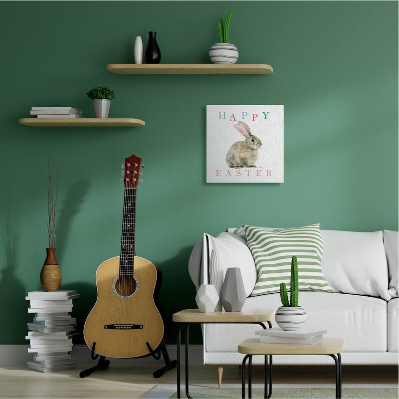 Stupell Happy Easter Phrase with Woodland Bunny Rabbit Canvas Wall Art