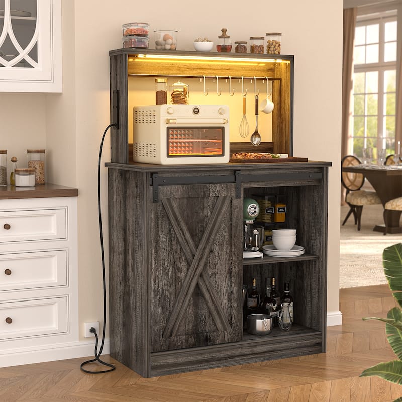 Farmhouse Wine Bar Cabinet with Barn Door & Charging Station,Sturdy Buffet Coffee Bar Cabinet with LED Lights & Hutch