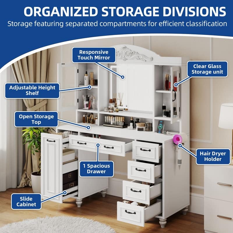 Moasis Modern 5-Drawer Makeup Vanity Table With Exquisite Carved and Built-in Charging Station