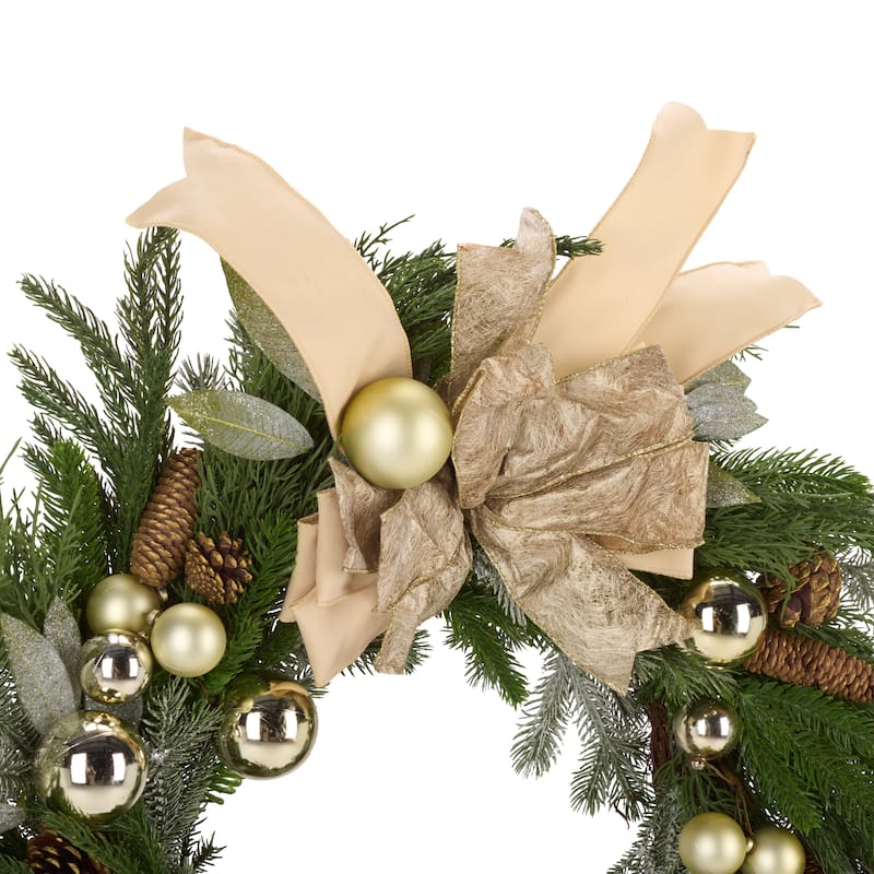 SAFAVIEH Home Faux 28-inch Pine Needle Wreath With Ornaments And Ribbon & Pine Cone