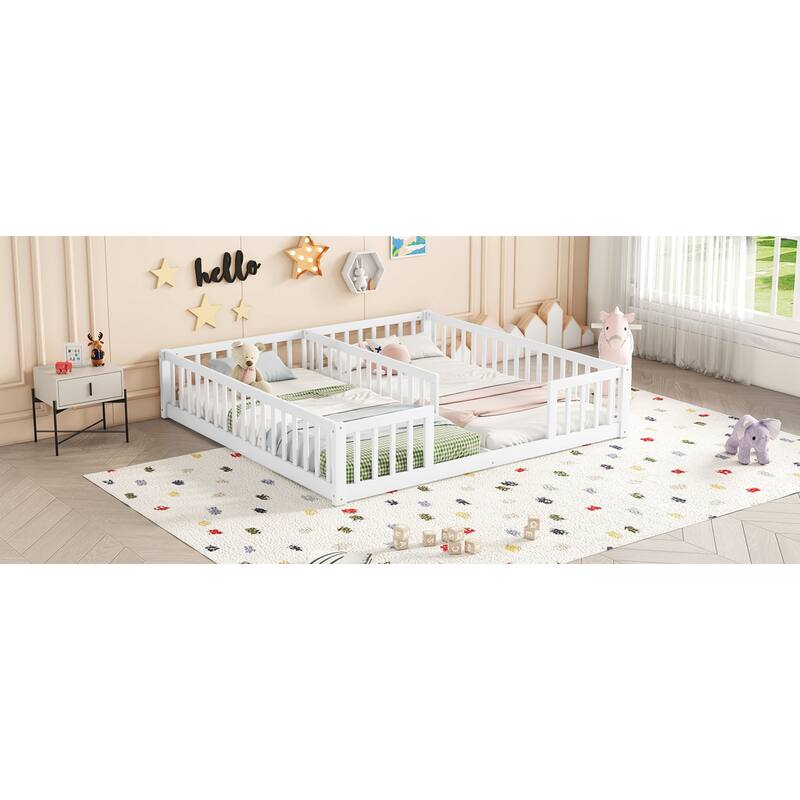 Roomfitters Double Twin Floor Bed Frame with Fence and Guardrails, Low Profile Shared Platform Bed, No Door Design