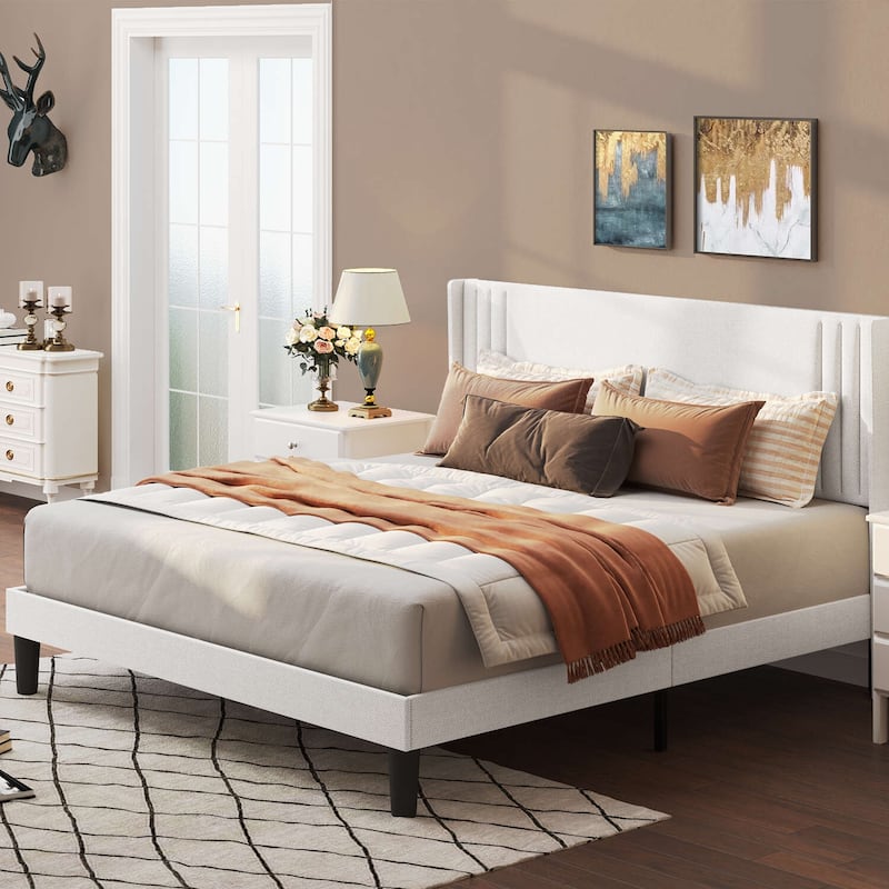 Queen/ Full Vertical Channels Upholstered Bed with Wingback Headboard - White - Queen