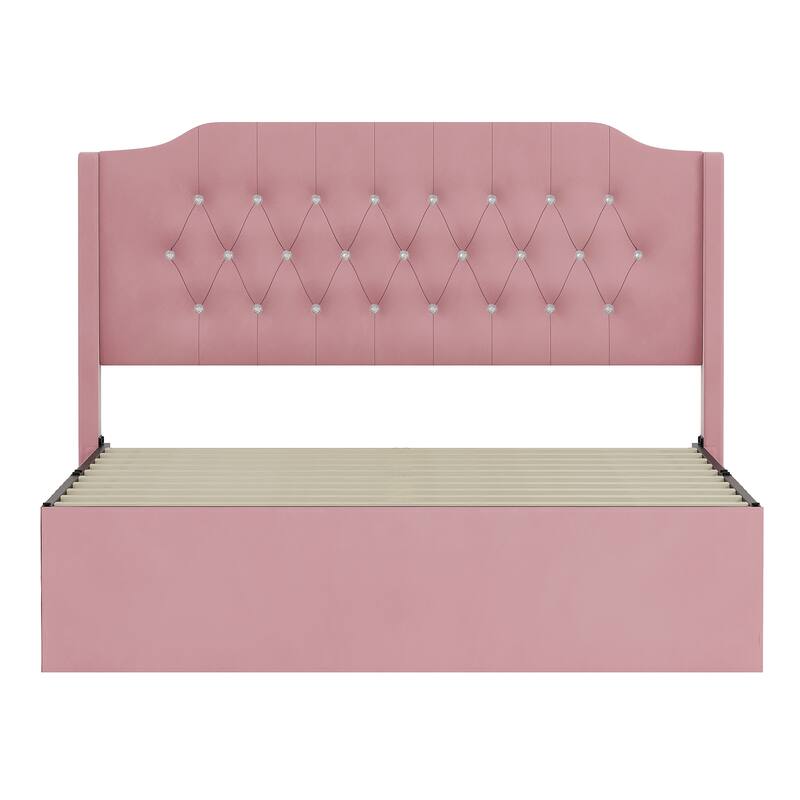 Queen Size Tufted Bed Frame with Crystal Button Accents, Wingback Headboard & Under-Bed Storage,Pink